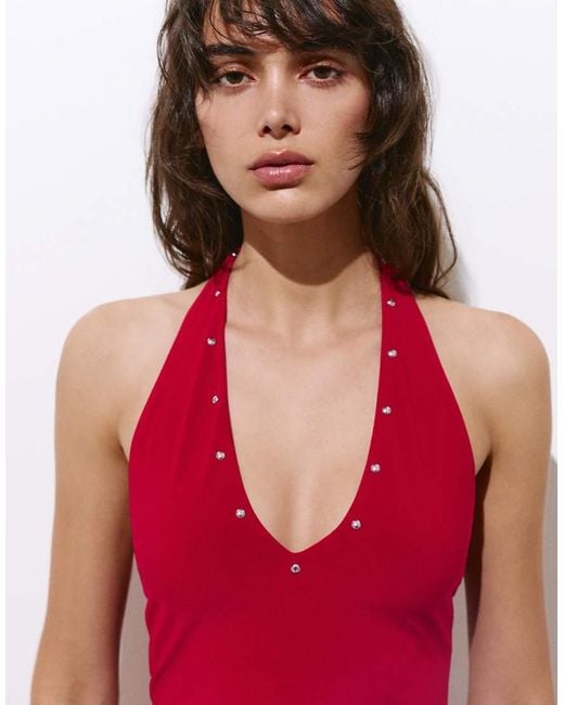 Pull&Bear Red Short Studded Halter Dress