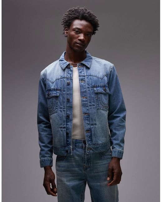 TRUE RELIGION Men's Blue Oversized Denim Jacket With Flap Pockets - Main Image