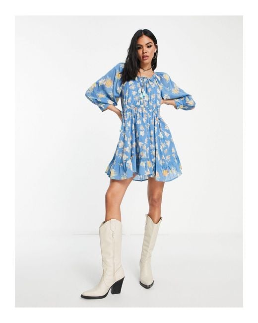 Free People Floral Print Mini Smock Dress in Blue