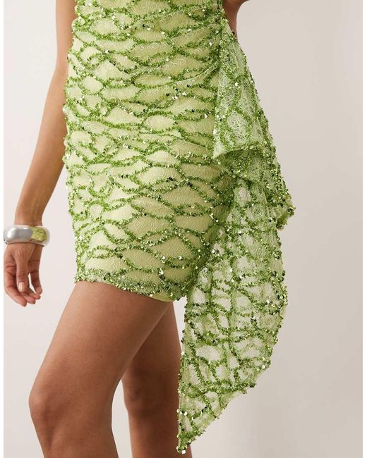 ASOS Green Lace Sequin Bandeau Mini Dress With Scarf Detail