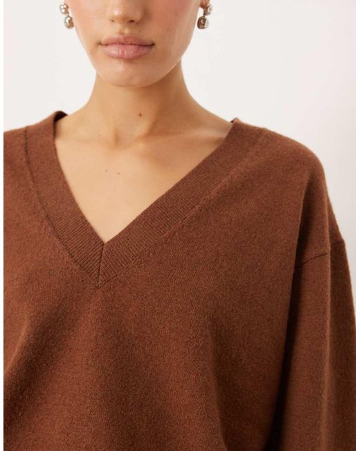 Mango Brown V Neck Long Sleeve Knitted Top