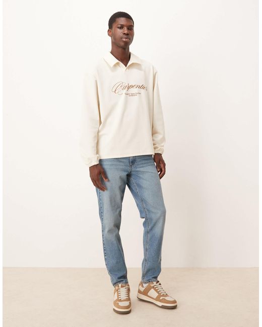 ASOS Natural Oversized Revere Neck Polo With Embroidery for men