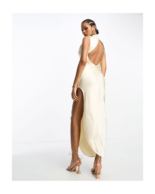 ASOS Satin High Neck Drape Maxi Dress With Open Back And High Split in White