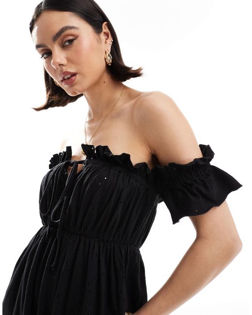 ASOS Black Broderie Frill Bardot Maxi Dress