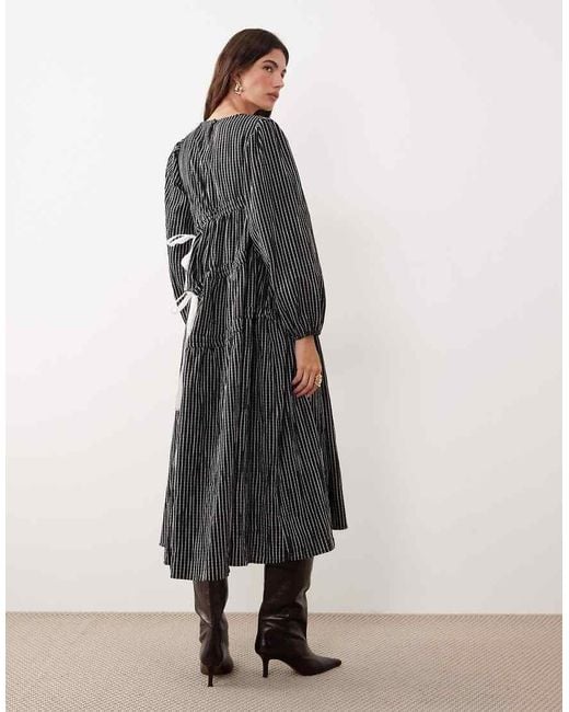 Ghospell Black Cotton Rich Ruched Bow Detail Midi Dress
