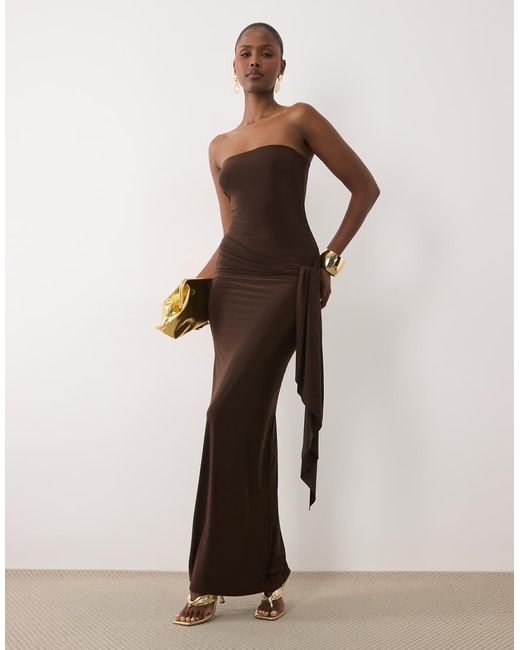 Missy Empire Natural Double Sculpted Slinky Bandeau Knot Front Detail Maxi Dress