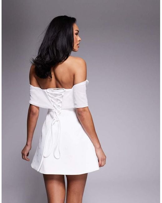 Murci White Exclusive Polka Dot Mesh Bardot Plunge Neck Mini Dress