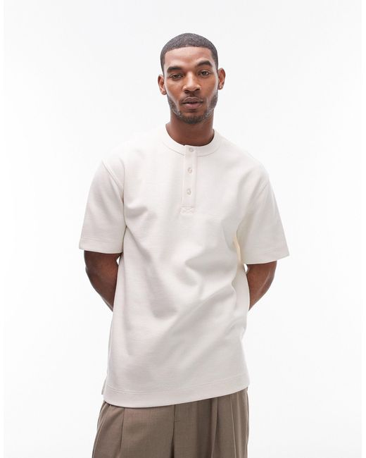 T-shirt épais oversize texturé à col boutonné - écru Topman pour homme en coloris White