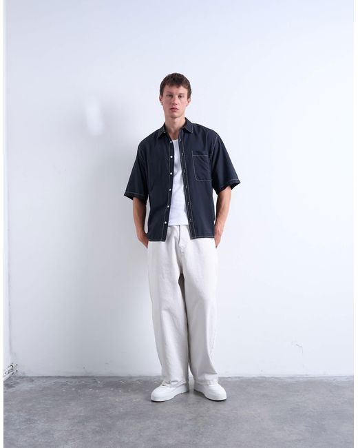 Topman Blue Relaxed Fit Shirt With Contrast Stitch Detail for men