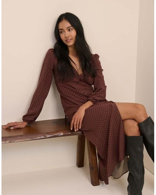 Nobody's Child Brown V Neck Balloon Sleeve Button Front Midi Dress