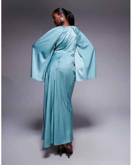 ASOS Blue Satin Long Sleeve Maxi Dress With Central Ruched Skirt
