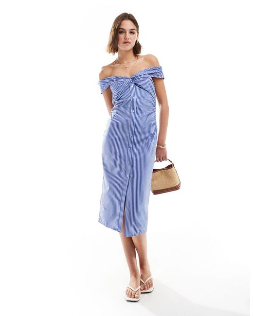 Mango Blue Bardot Stripe Midi Dress