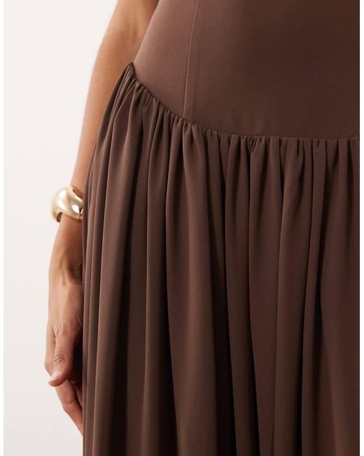 Pretty Lavish Brown Isadora Dropped Waist Fitted Halter Neck Maxi Dress