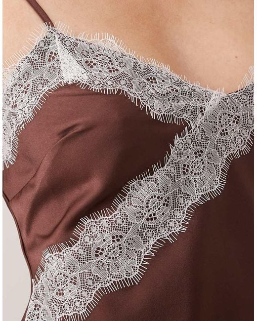 New Look Brown Contrast Lace Strappy Satin Midi Dress