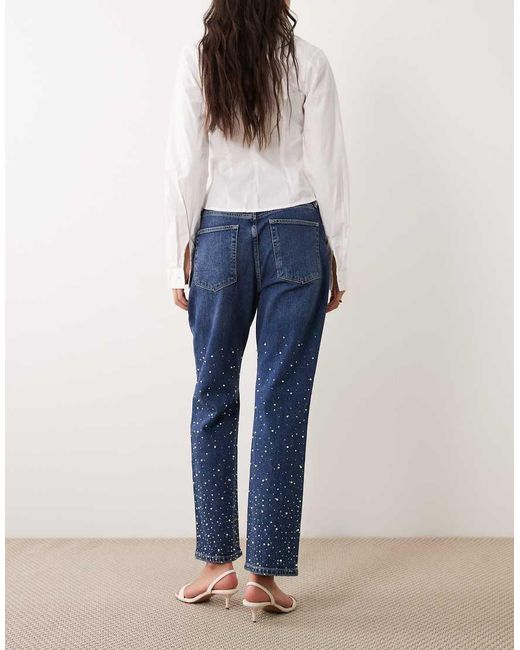 GOOD AMERICAN Blue Good Waist Icon Straight Leg Cropped Pearl Jeans