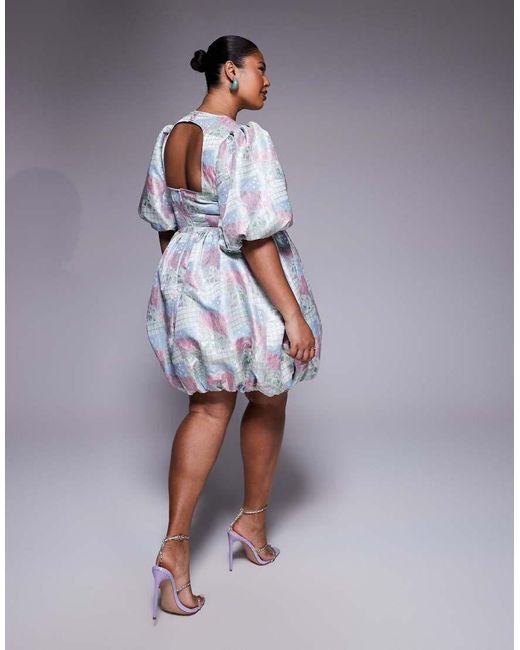 ASOS Purple Curve Jacquard Puff Sleeve Mini Dress With Bow