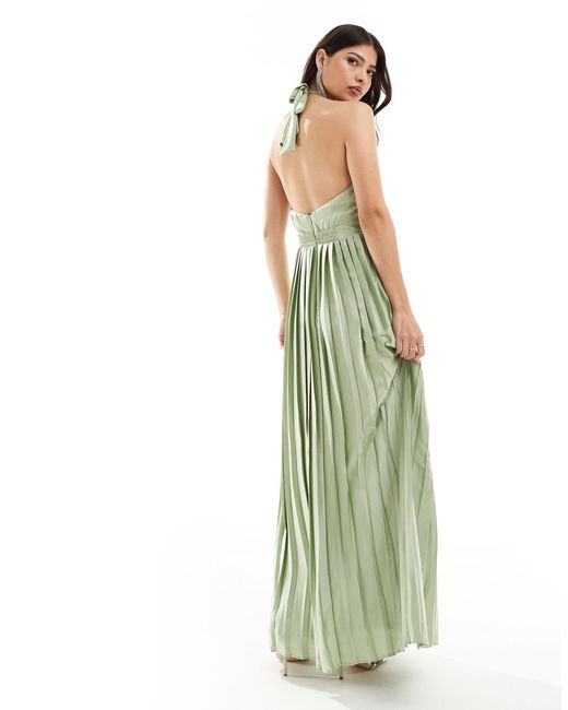 TFNC London Green Bridesmaid Satin Pleated Halter Neck Maxi Dress With Full Skirt