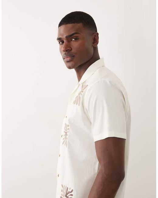 Threadbare Natural Short Sleeve Shirt With Coral Embroidery Detail for men