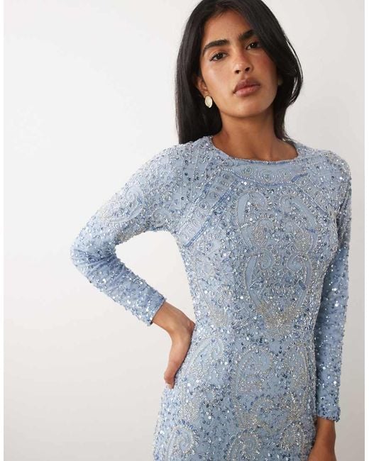 Beauut Blue Embellished Long Sleeve Maxi Dress