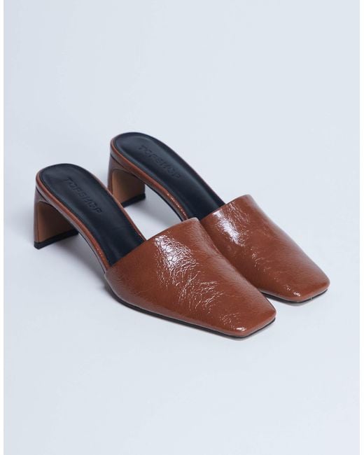 TOPSHOP Brown Idea Patent Square Toe Mule