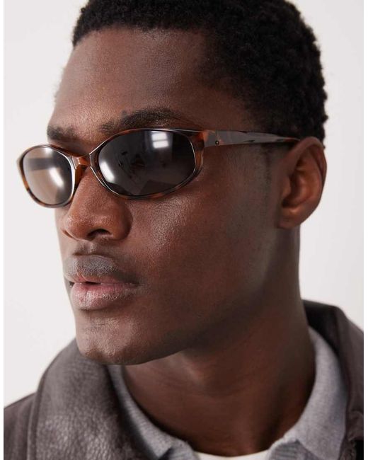 ASOS Brown Slim Oval Wrap Sunglasses for men