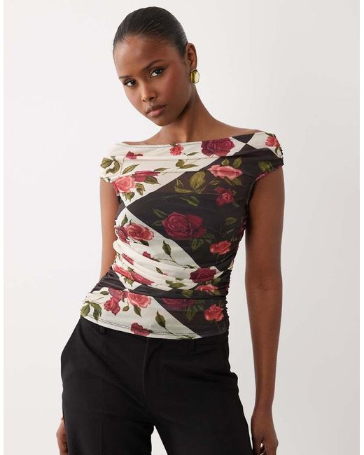 ASOS White Printed Mesh Gathered Short Sleeve Off Shoulder Top