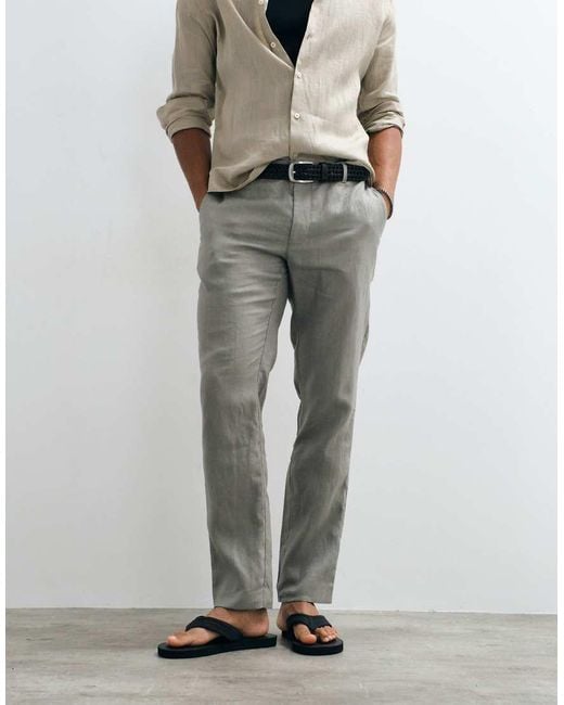 Mango Gray 100% Linen Tapered Trousers for men