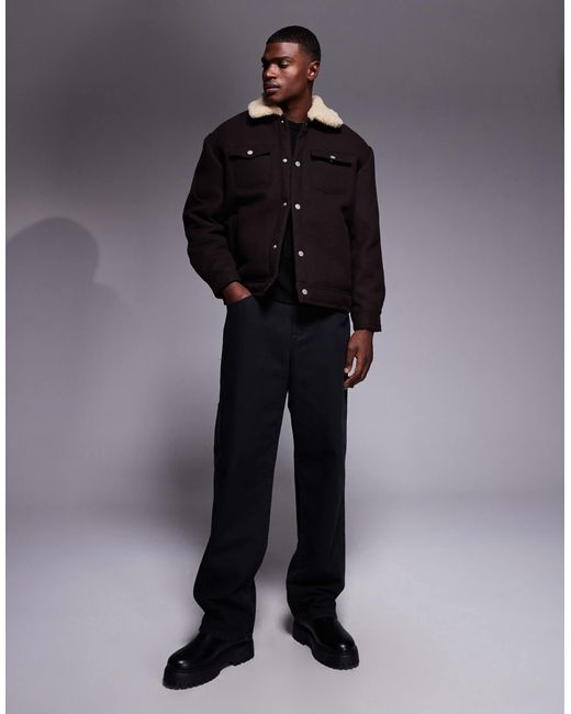 ASOS Blue Relaxed Wool-look Harrington Jacket With Borg Lining for men