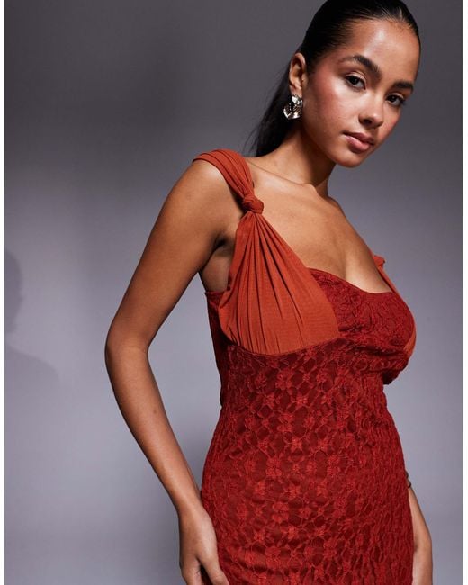 ASOS Red Cami Lace Maxi Dress With Overlayed Mesh Strap Detail