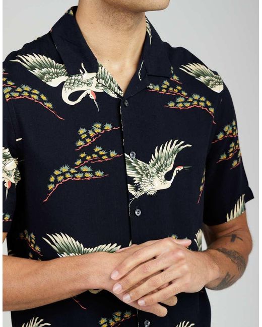 French Connection Blue Bird Print Short Sleeve Revere Collar Shirt for men