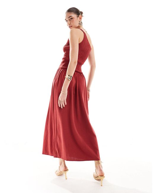 4th & Reckless Red Linen Blend Shir One Shoulder Drop Waist Maxi Dress