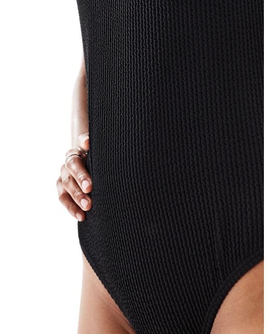Monki Black Crinkle Swimsuit With Low Back