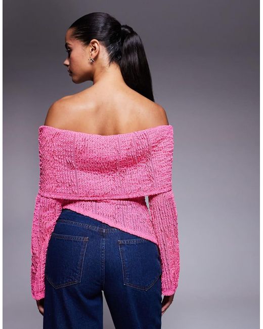 ASOS Pink Crochet Semi Sheer Bardot Top With Asymmetric Hem