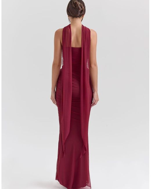 House Of Cb Red Cassidy Fluted Hem Mesh Maxi Skirt