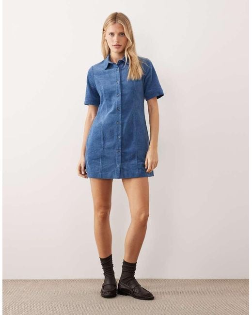 Threadbare Blue Cord Short Sleeve Mini Dress