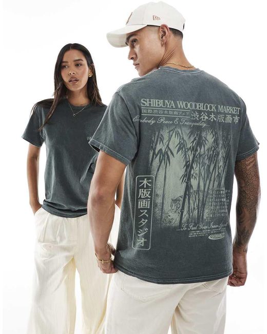 PRNT Blue Shibuya Woodblock Market Front And Back Print Washed T-Shirt