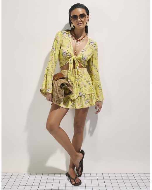 River Island Yellow Floral Print Tie Top And Skirt Set