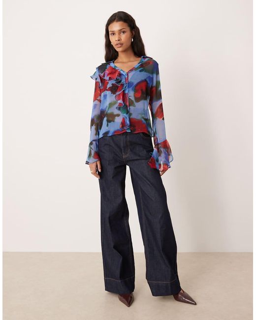 ASOS Blue Button Front Ruffle Soft Shirt