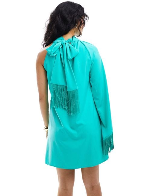 Pretty Lavish Blue One Shoulder Fringe Mini Dress