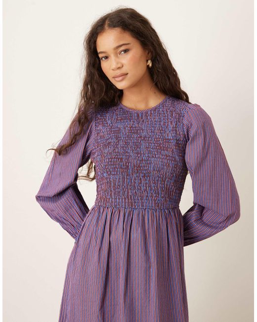Neon Rose Purple Shirred Detailed Long Sleeve Midaxi Dress