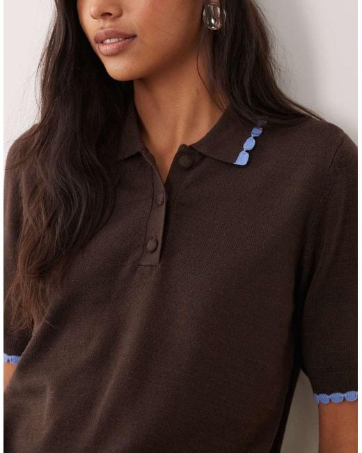 Threadbare Brown Short Sleeve Knitted Polo Top With Contrast Tipping
