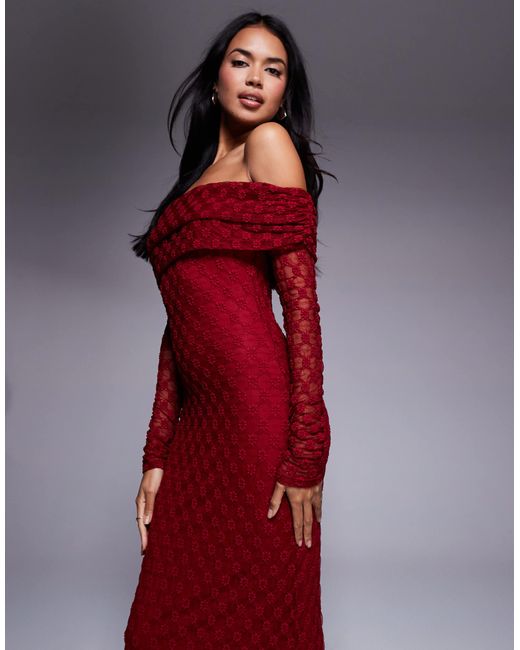 red bardot dress long sleeve Long Sleeve Draped Bardot Maxi Velvet Dress Red