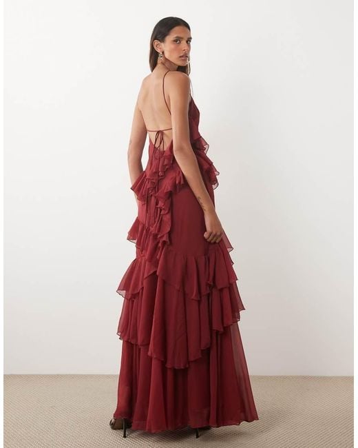 ASOS Red Asos Design Tall High Neck Low Back Ruffle Maxi Dress
