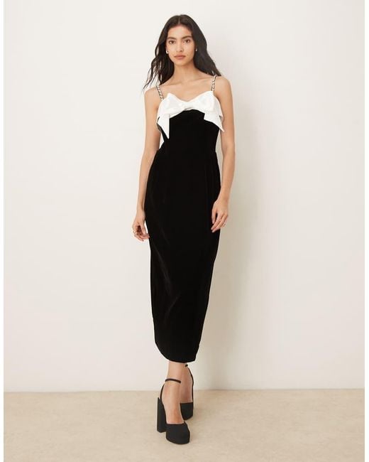 Sister Jane Black Kelly Velvet Contrast Bow Detachable Embellished Strap Midi Dress