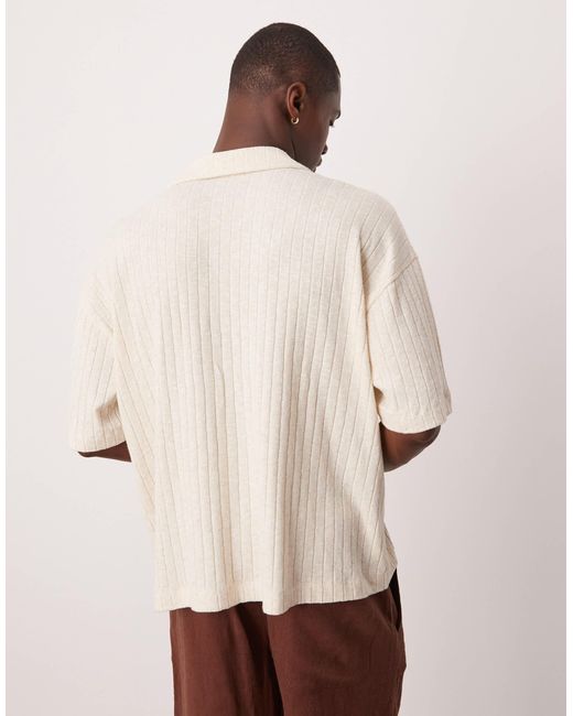 ASOS Natural Oversized Boxy Linen Mix Rib Polo for men