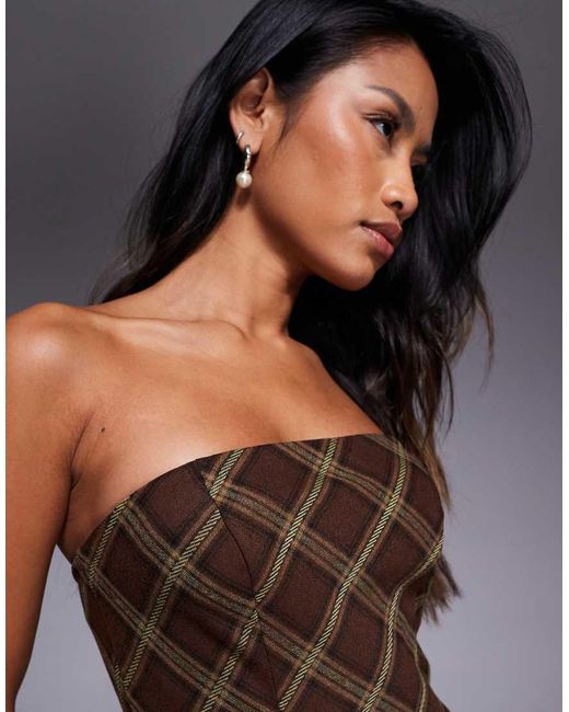 Kaiia Brown Exclusive Bandeau 90s Heritage Check Pleated Skirt Mini Dress