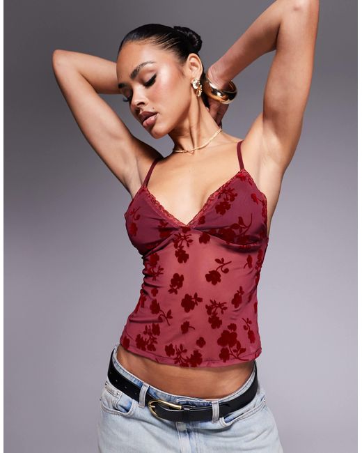 ASOS Red Devore Burn Out Floral Cami