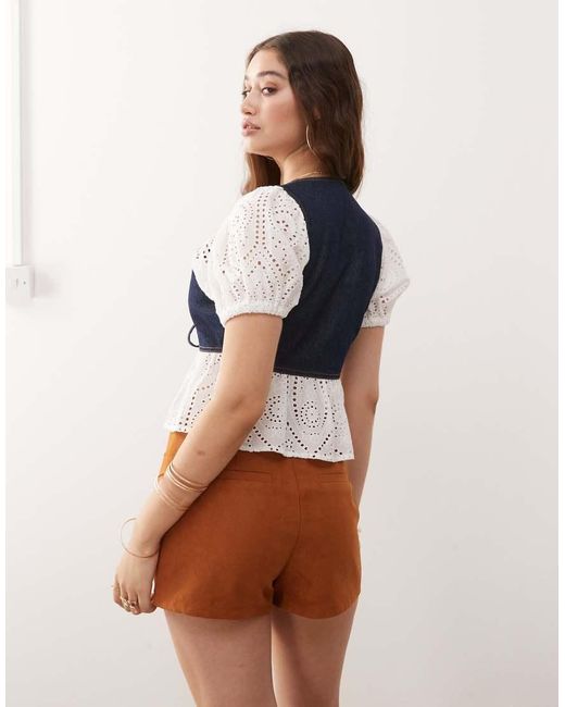 Miss Selfridge Blue Denim Tie Front Broderie Detail Shirt