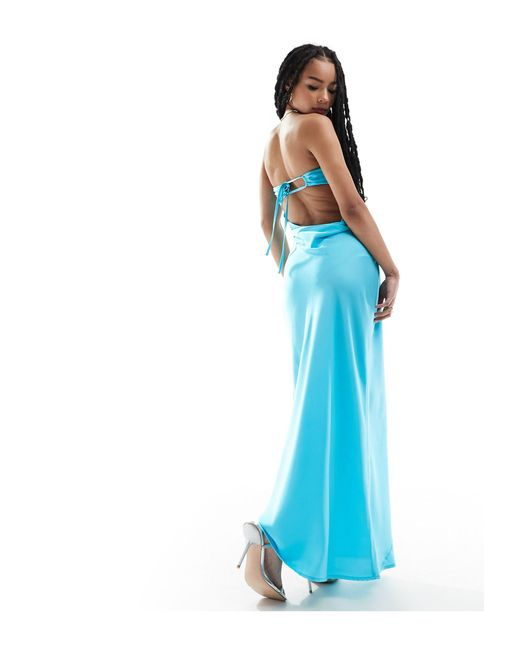 ASOS Blue Asos Design Petite Satin Bandeau Bias Maxi Dress With Tie Back