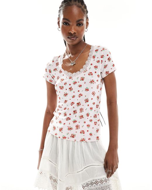 Monki White Pointelle Top With Scoop Neck And Lace Trim